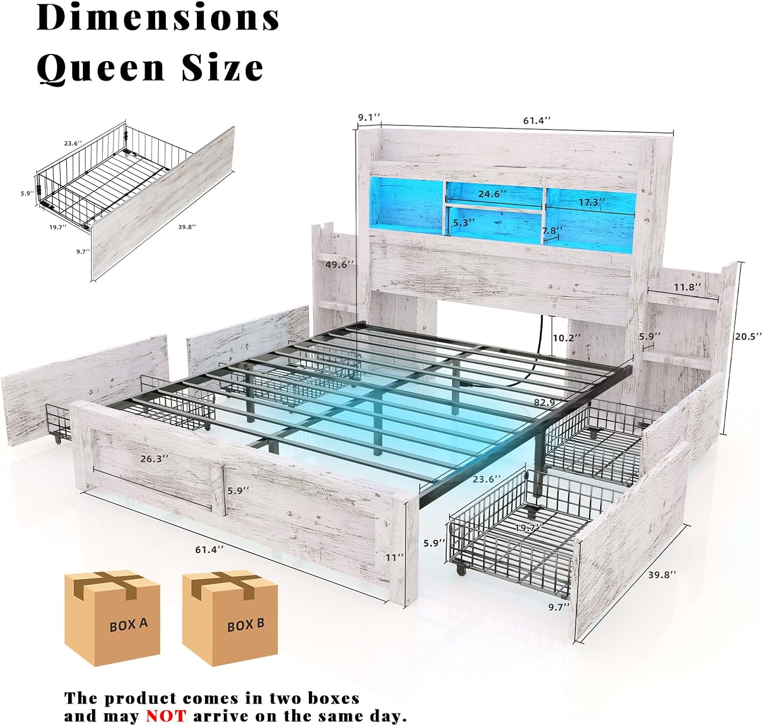 Queen Bed Frame with 49.6 Bookcase Headboard & 4 Drawers & 2 Detachable Bedside Stoage Racks, Farmhouse Wood Bed Frame with RGB LED & Charging Station, No Box Spring Needed, Distressed White