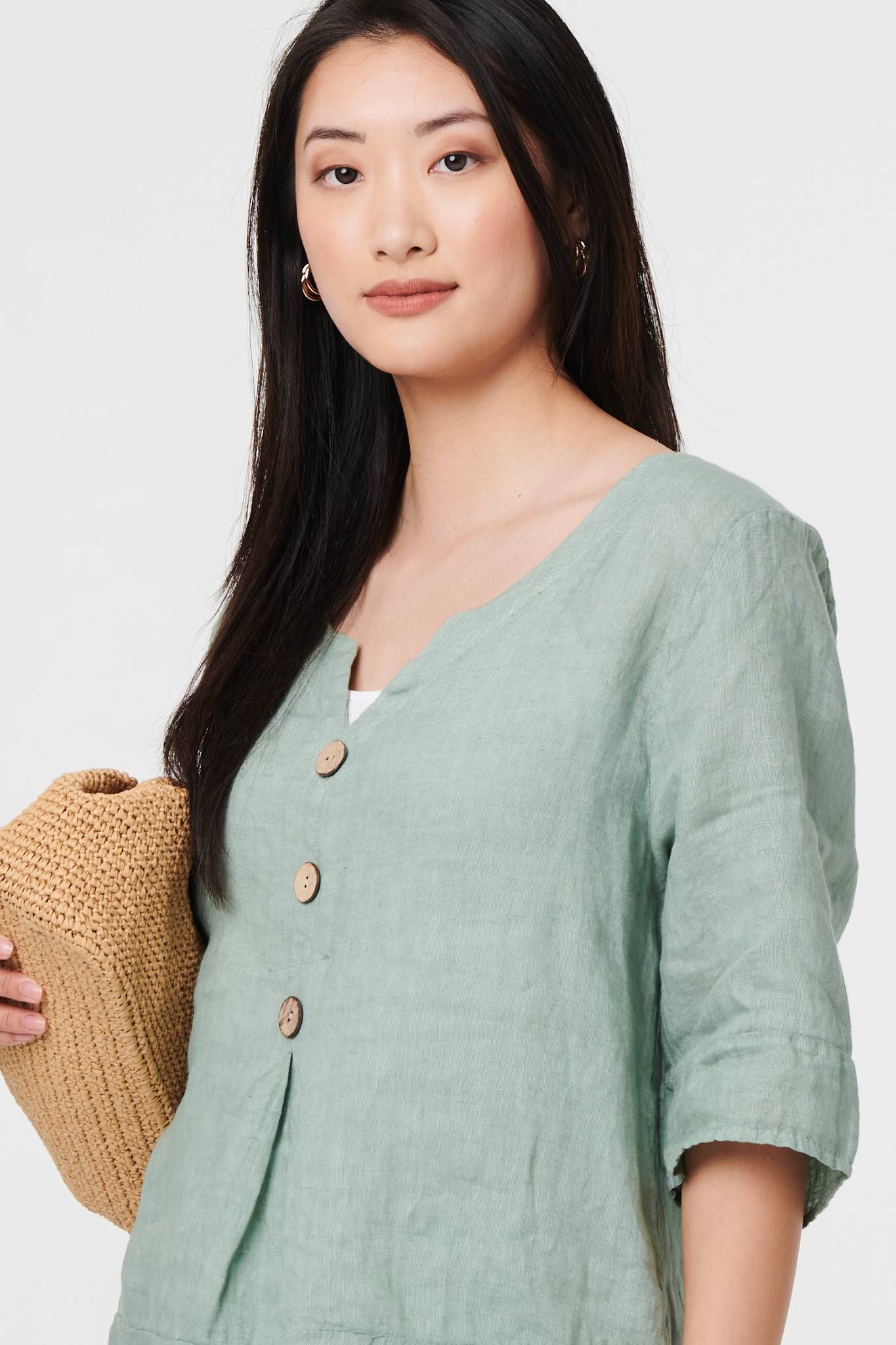 Izabel London Button Detail 3/4 Sleeve Relaxed Blouse