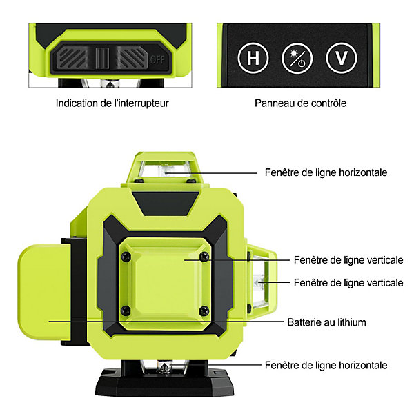 Niveau laser 4 x 360 degrés, 4D 16 Line, Batterie Rechargeable 2 x 2400 mAh