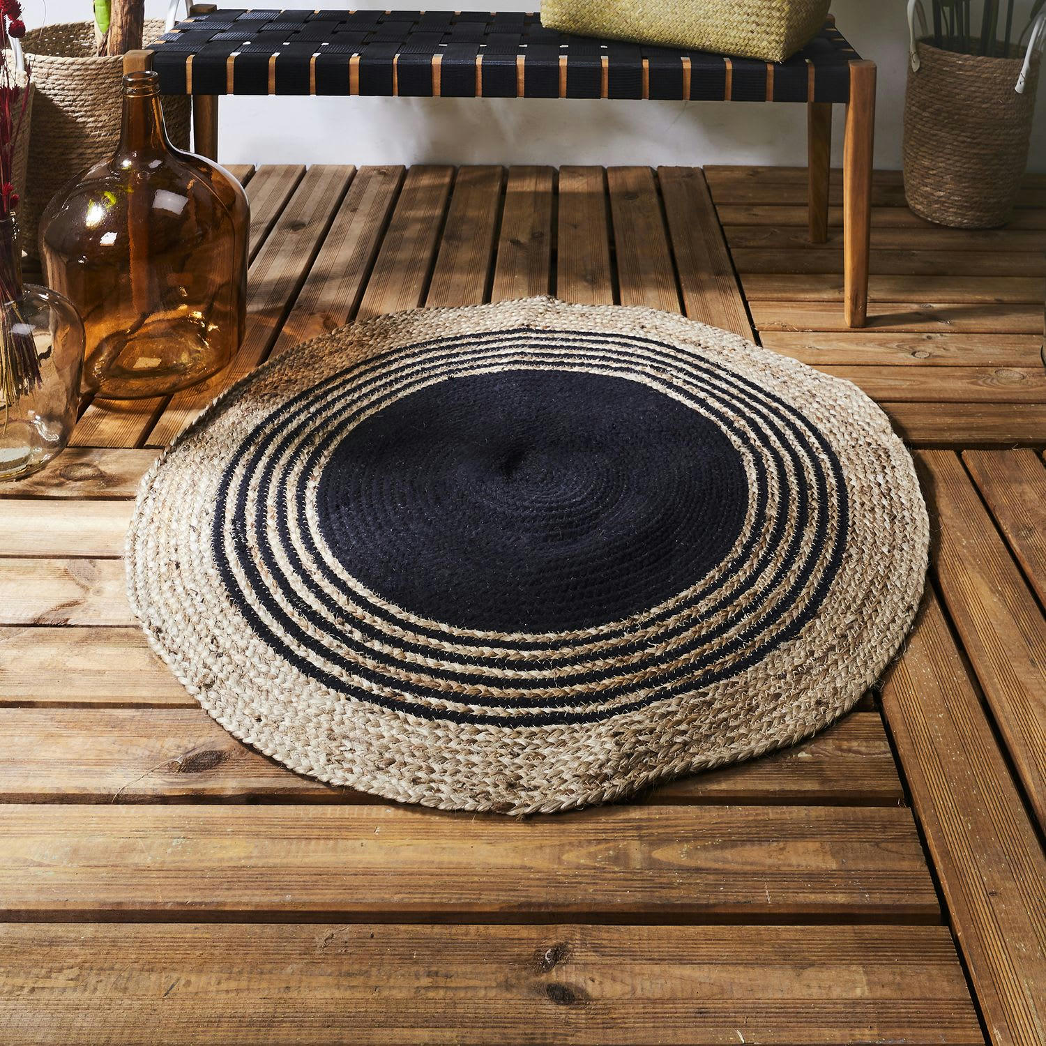 - Tapis rond en jute et coton imprimé noir d. 90 cm