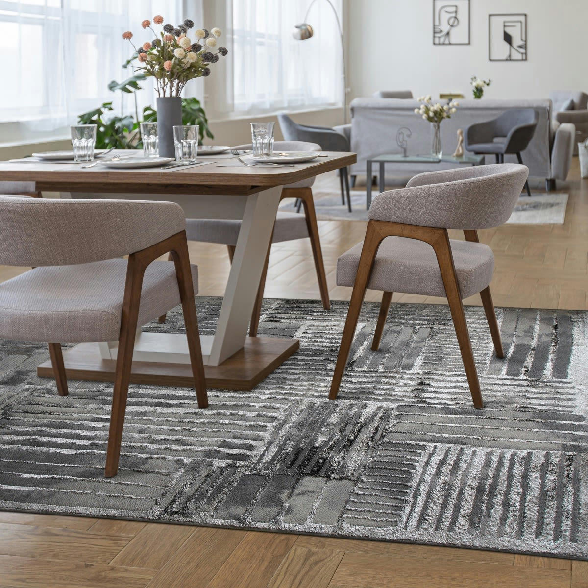 BORGES - Tapis graphique effet brume gris 120x170