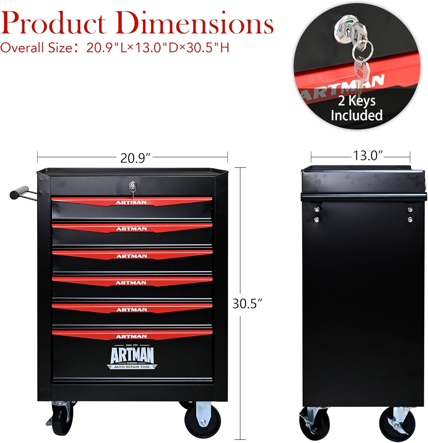 6 Drawers Rolling Tool Box, Tool Cart with 7 Tool Storage Boxes, Multifunctional Tool Chest with Wheels, Lockable Tool Trolley Organizer for Garage Workshop Warehouse Repair Shop, Black+Red