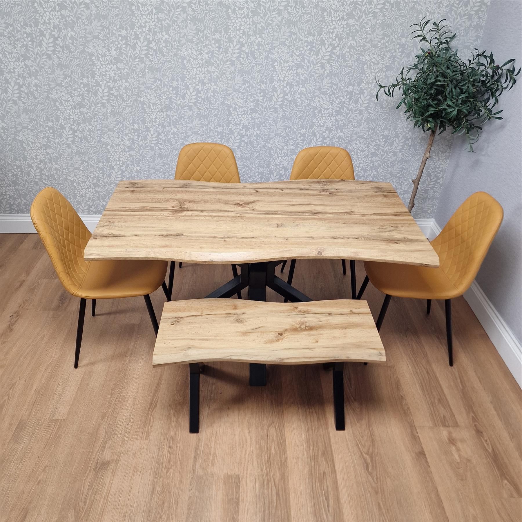 KOSY KOALA Modern Dining Table with 4 Mustard Gem Faux Leather Chairs and 1 Bench