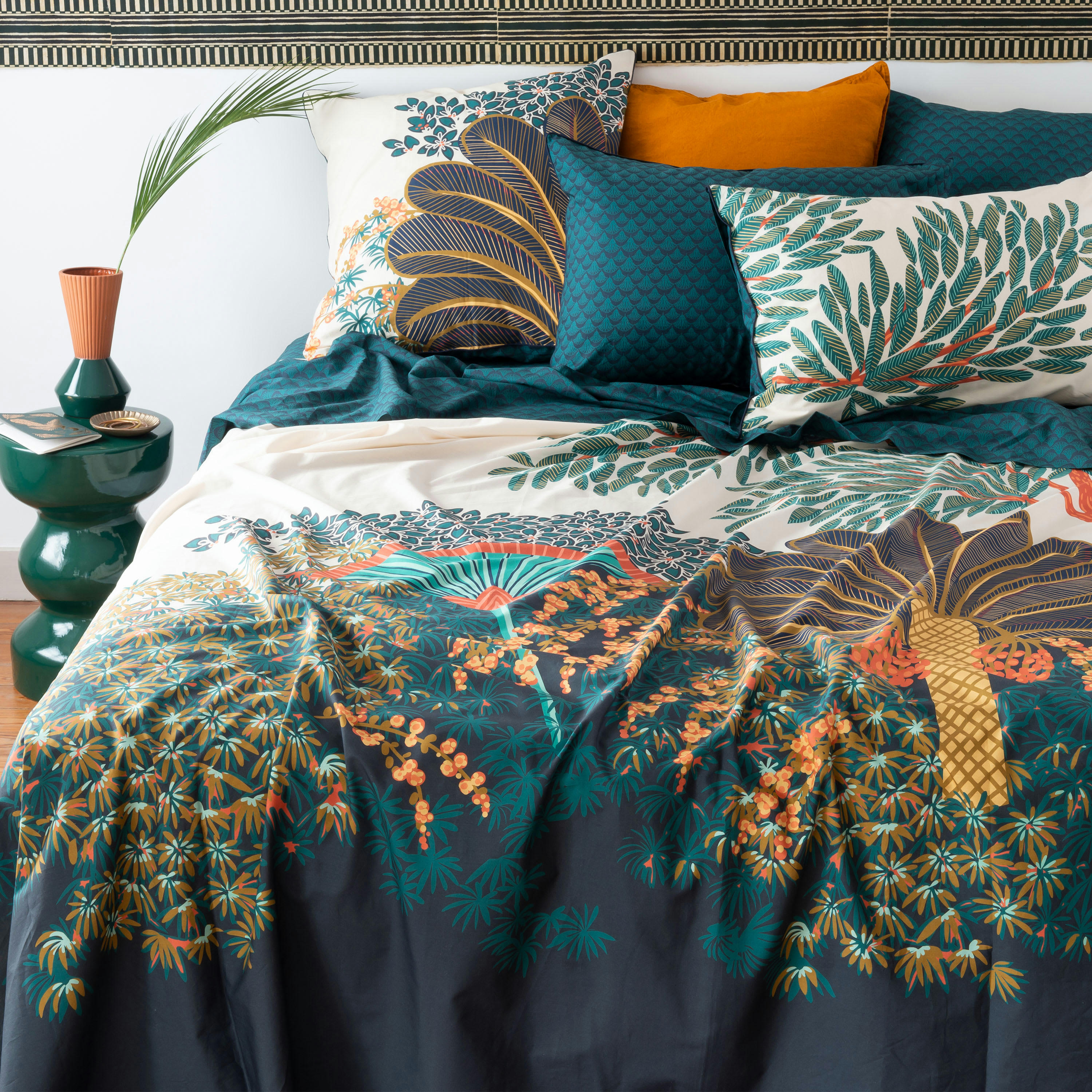 PAPYRUS - Drap de lit percale de coton imprimé bleu 240 x 300 cm