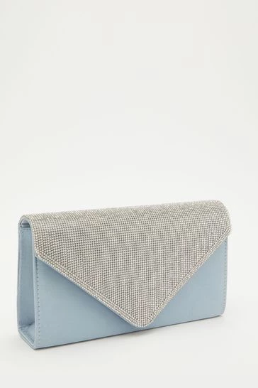 Quiz Blue Satin Diamante Flap Clutch Bag