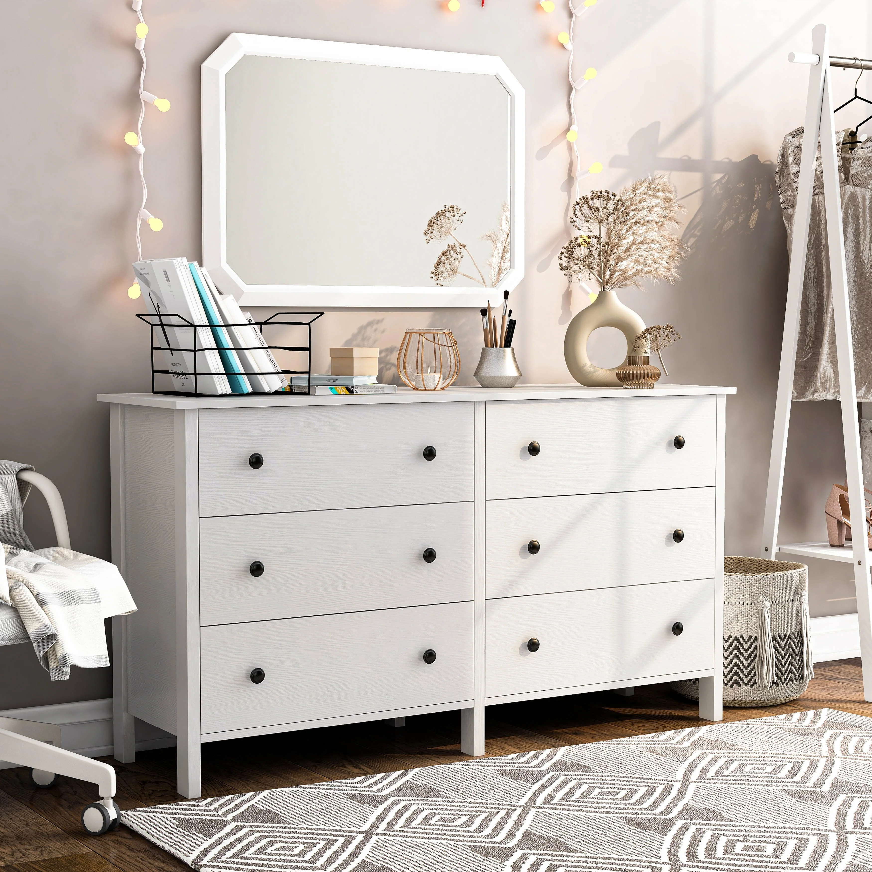 DH BASIC Transitional 53-inch Wide 6-Drawer Neutral Youth Dresser by Denhour