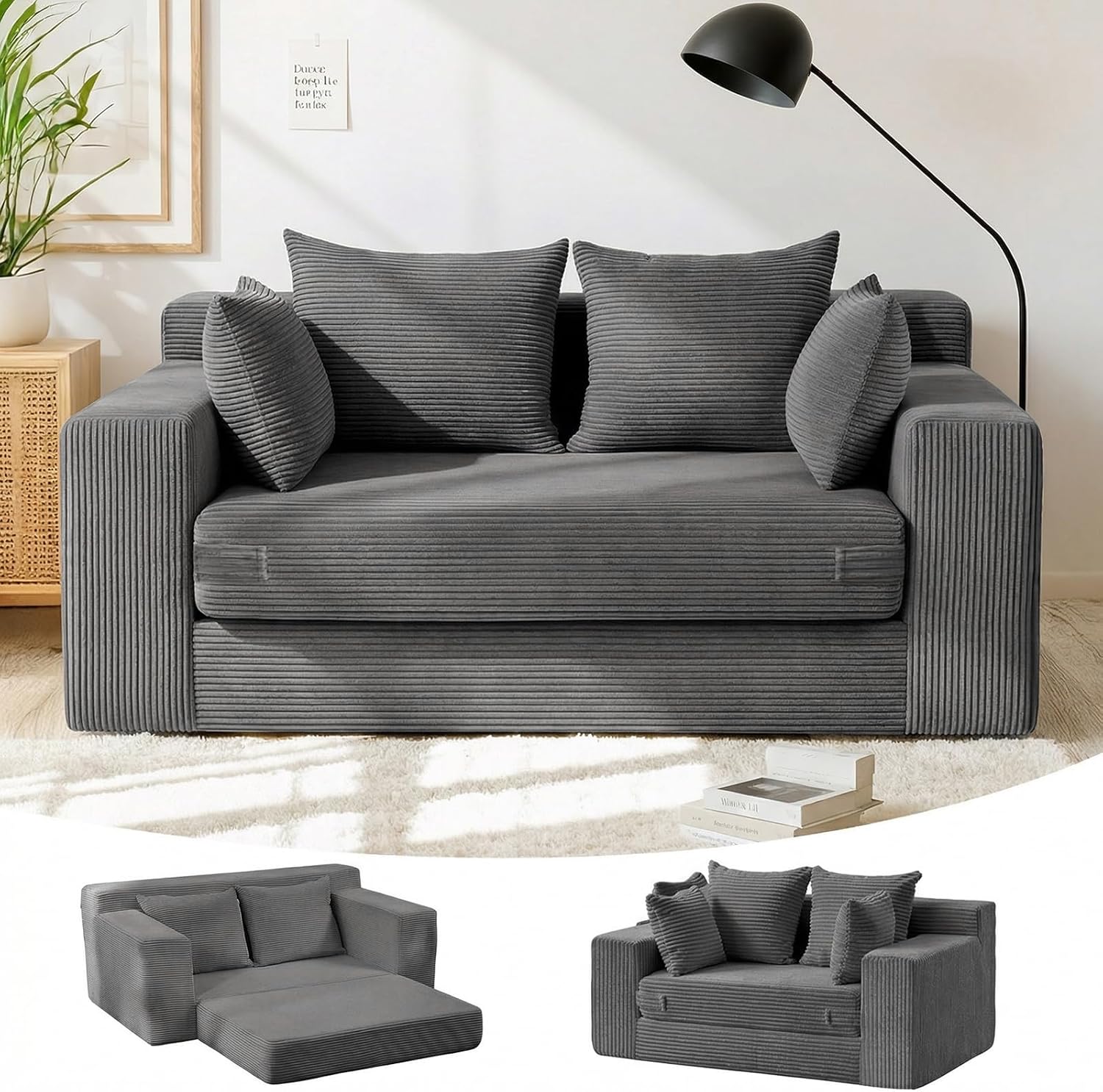 Winzon Boneless Loveseat, 3 in 1 Convertible Sofa Bed Sleeper Sofa Floor Futon Bed with 4 Pillows, 55 Grey Boneless Couch for Living Room, Guest Room, Small Space, No Assembly Required, Corduroy