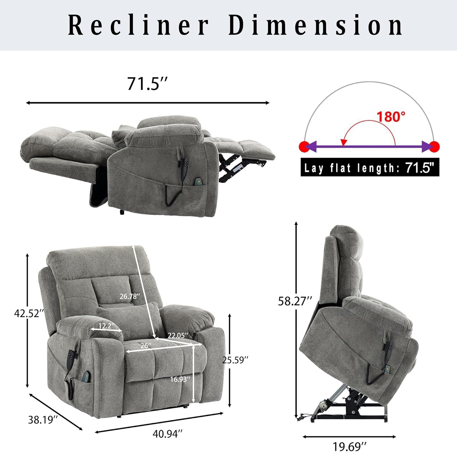 Power Lift Chair Lay Flat Recliner Dual Motor Recliner Chair with Massage Heat for Adults,Up to 400 LBS Recliners with 2 Remote Controls and 2 Cup Holders