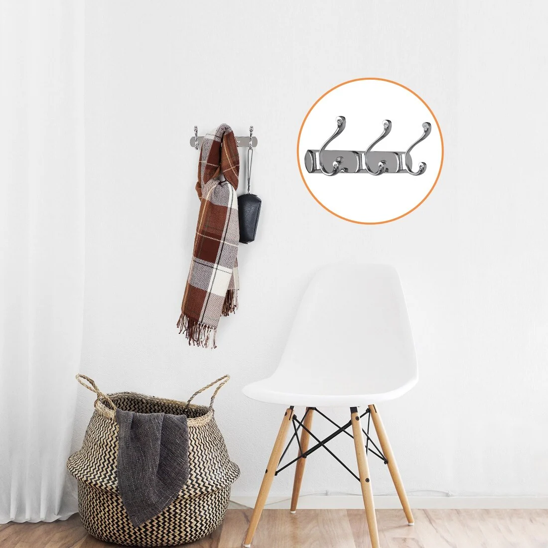 Dual Wall Hook Rack Stainless Steel Base 10 Inch 3 Hooks Coat Holder - Silver