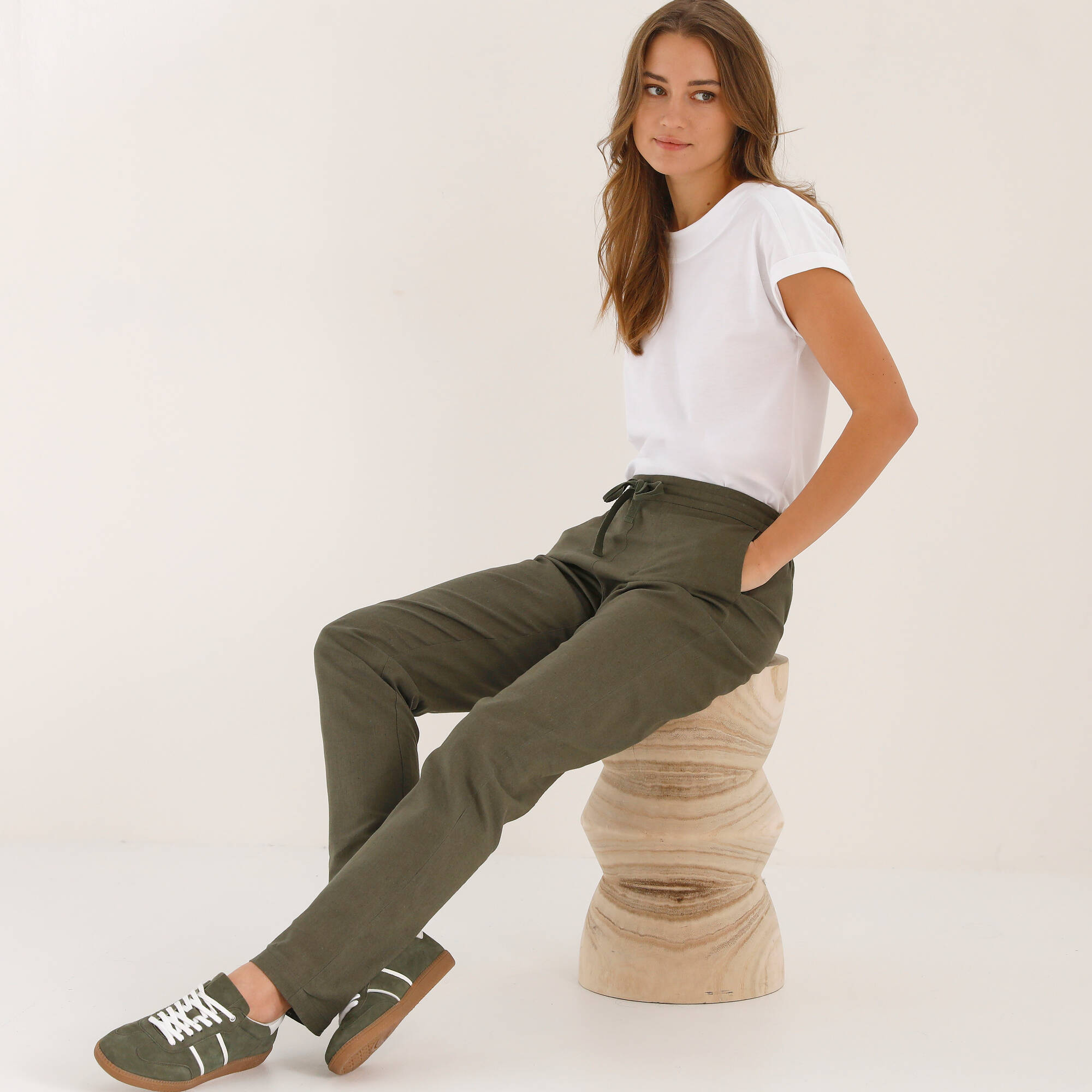 Pantalon fuselé fluide, lin-coton