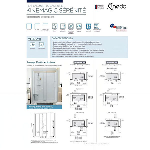 Cabine de douche Kinedo Kinemagic Sérénité 170x90 niche haute coulissante transparent thermostatique