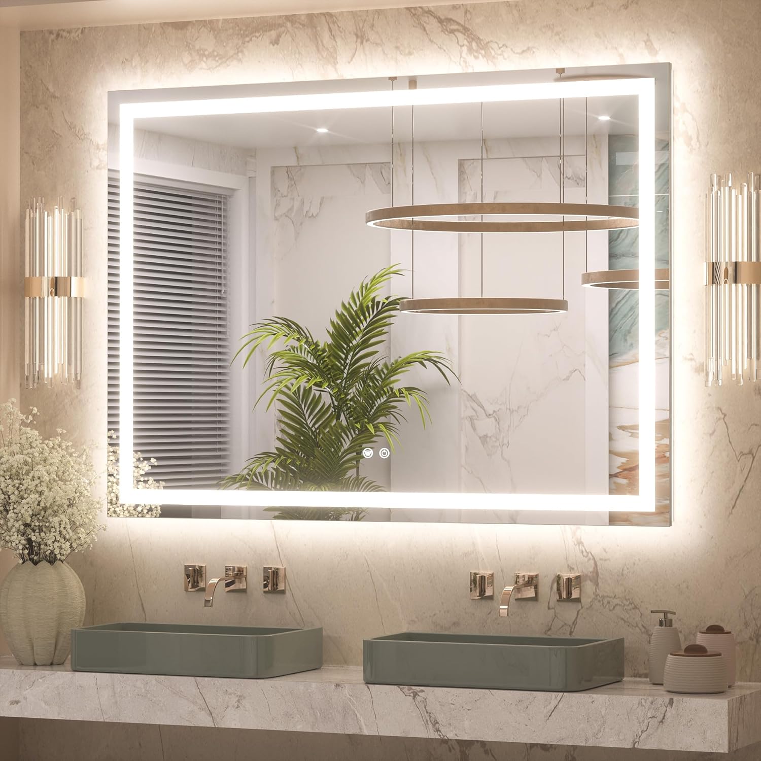 Keonjinn 48 x 36 Lighted Mirror for Bathroom Wall, LED Mirror with Frontlit & Backlit, Bathroom Mirror with Lights, Dimmable 3-Color Lights, HD Tempered Glass, UL-Listed LED Driver