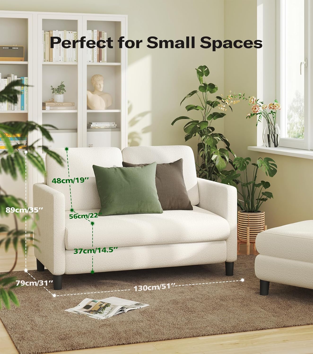 Welzona Loveseat, 51 Small Couch, Comfy Teddy Love Seat for Living Room, Tool-Free Setup Loveseat Sofa for Small Spaces, All-Wood Small Sofa Couch for Bedroom, No Pillow Included, Beige