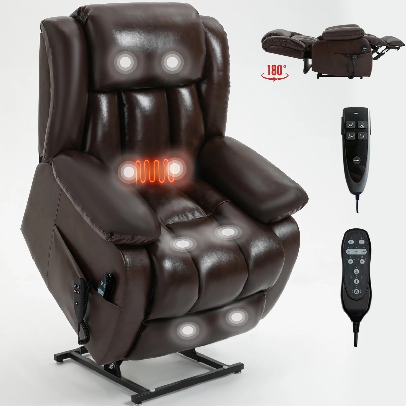 Dual Motor Electric Lift Recliner with 8-Point Massage, Lumbar Heat, and Genuine Leather Upholstery