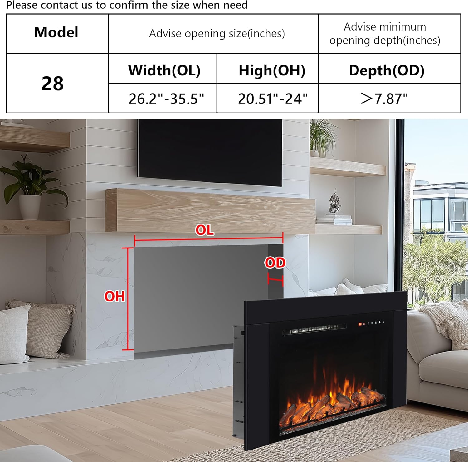 28 Inches Electric Fireplace Insert with Trim Kit, Wall Mounted & Recessed Electric Fireplace Inserts with 8 Flame Colors, Remote Control, 6 Levels Brightness, 9H Timer, Black, 1500W/750W