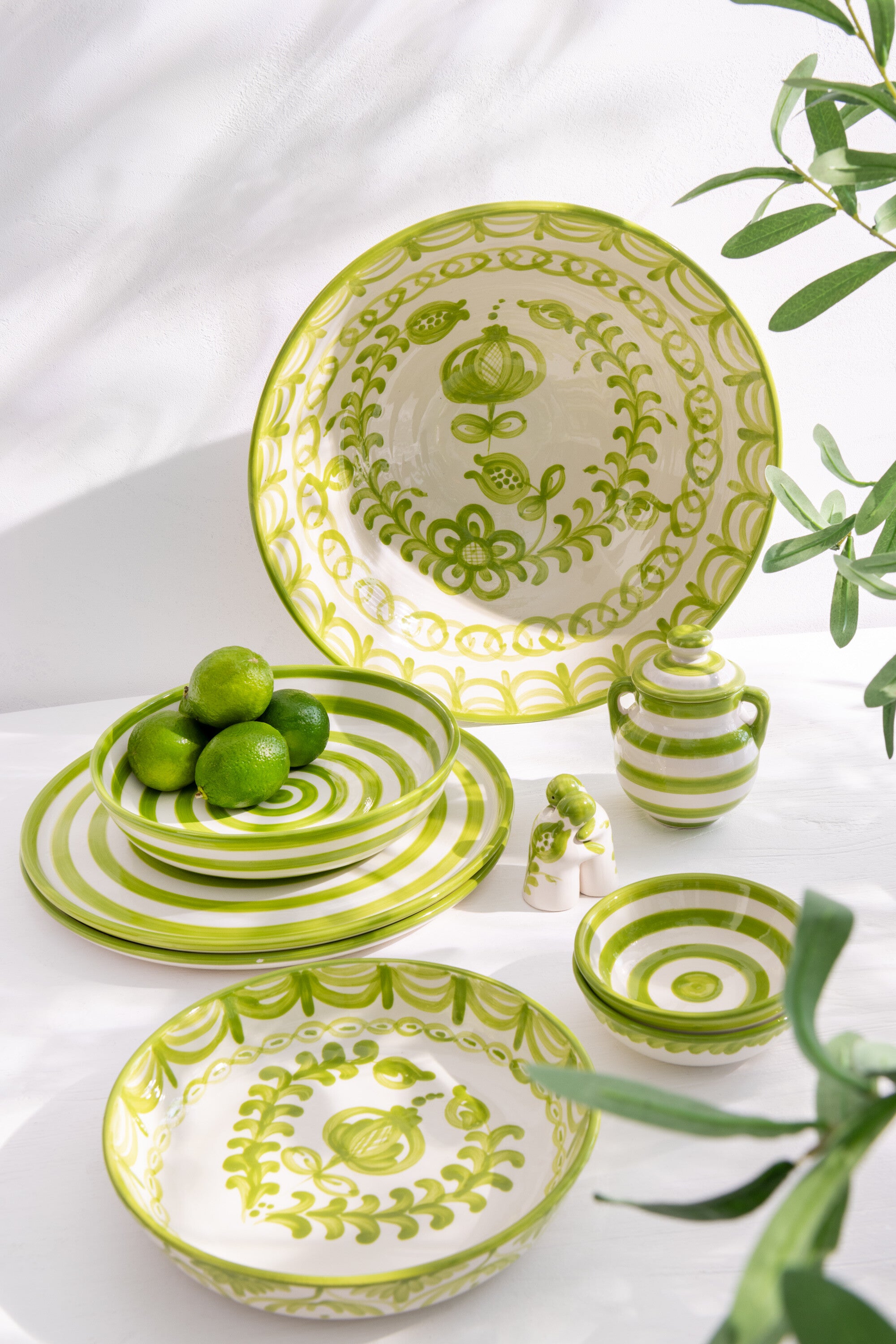 J-Line schaal Granada Stripes Low - keramiek - wit groen - l