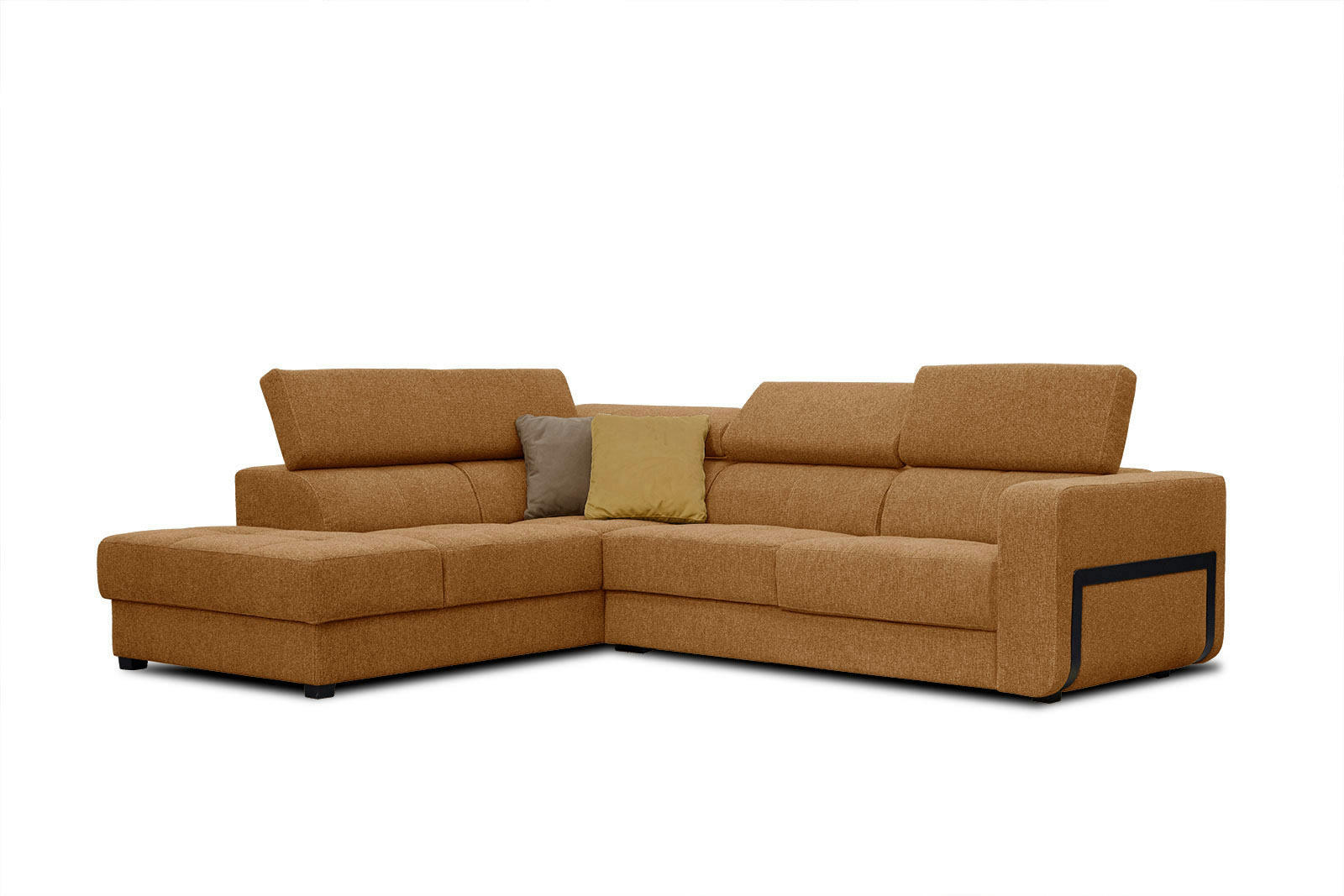 BERGO - Canapé d'angle gauche 5 places en tissu orange avec coussins déco