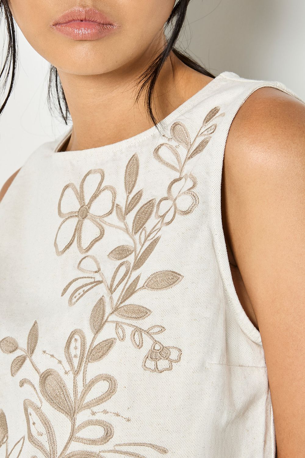 Apricot Floral Embroidered Cotton Denim Top