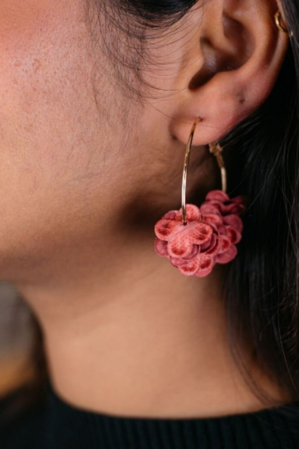 The Colourful Aura 30mm Pink Petal Floral Fabric Large Round Hoop Earrings