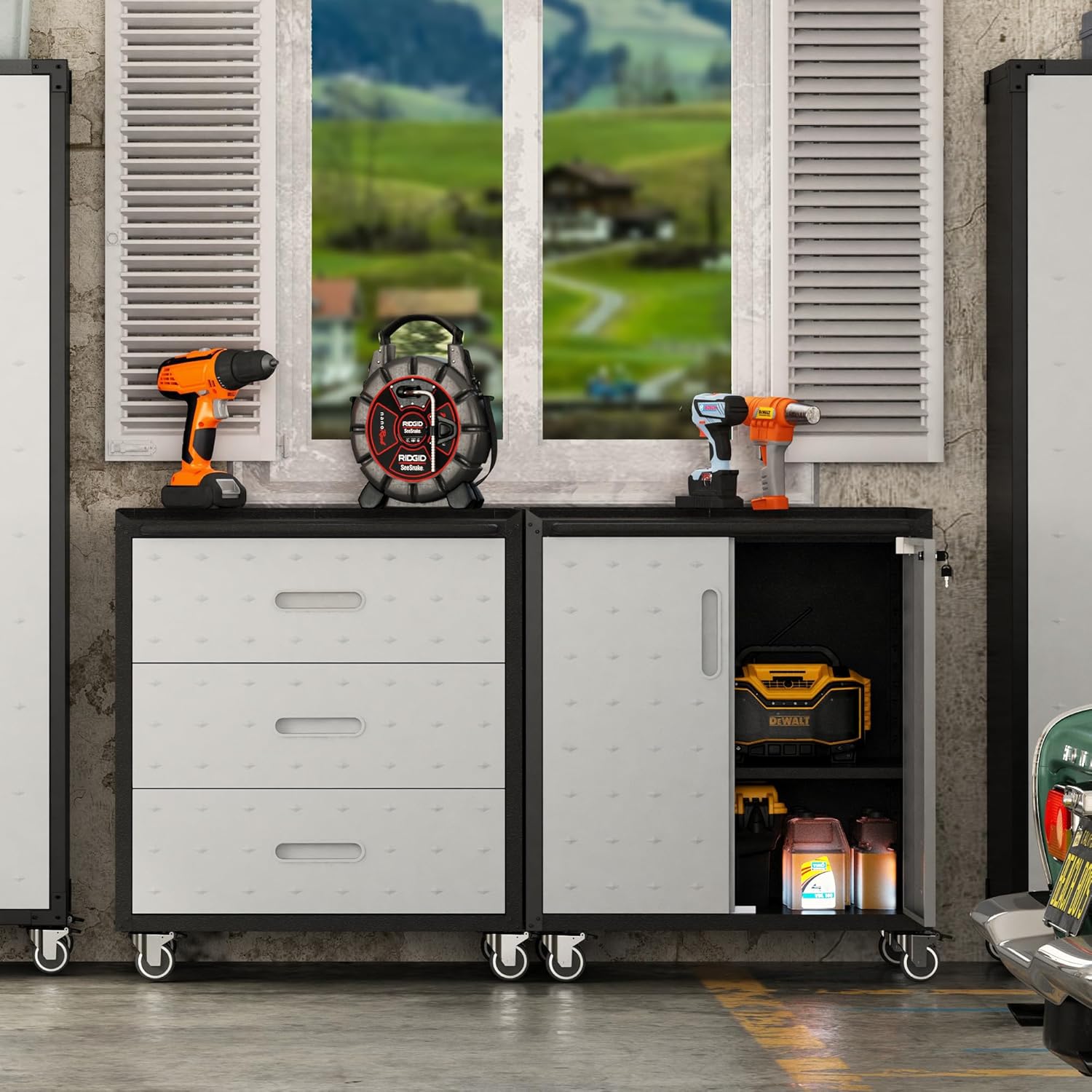 Garage Tool Storage Cabinet,Mobile Heavy Duty Metal Tool Chests & Cabinets with Lockable Doors,Black & Gray Rolling Tool Cabinets with Wheels,Assembly Required