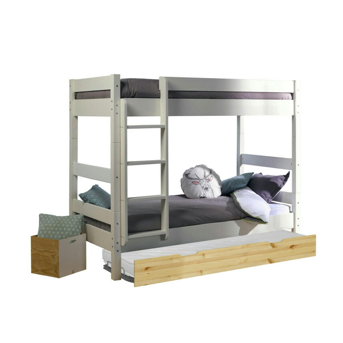 AARON - Lit superposé avec sommier gigogne 80x190 cm bois massif blanc et bois