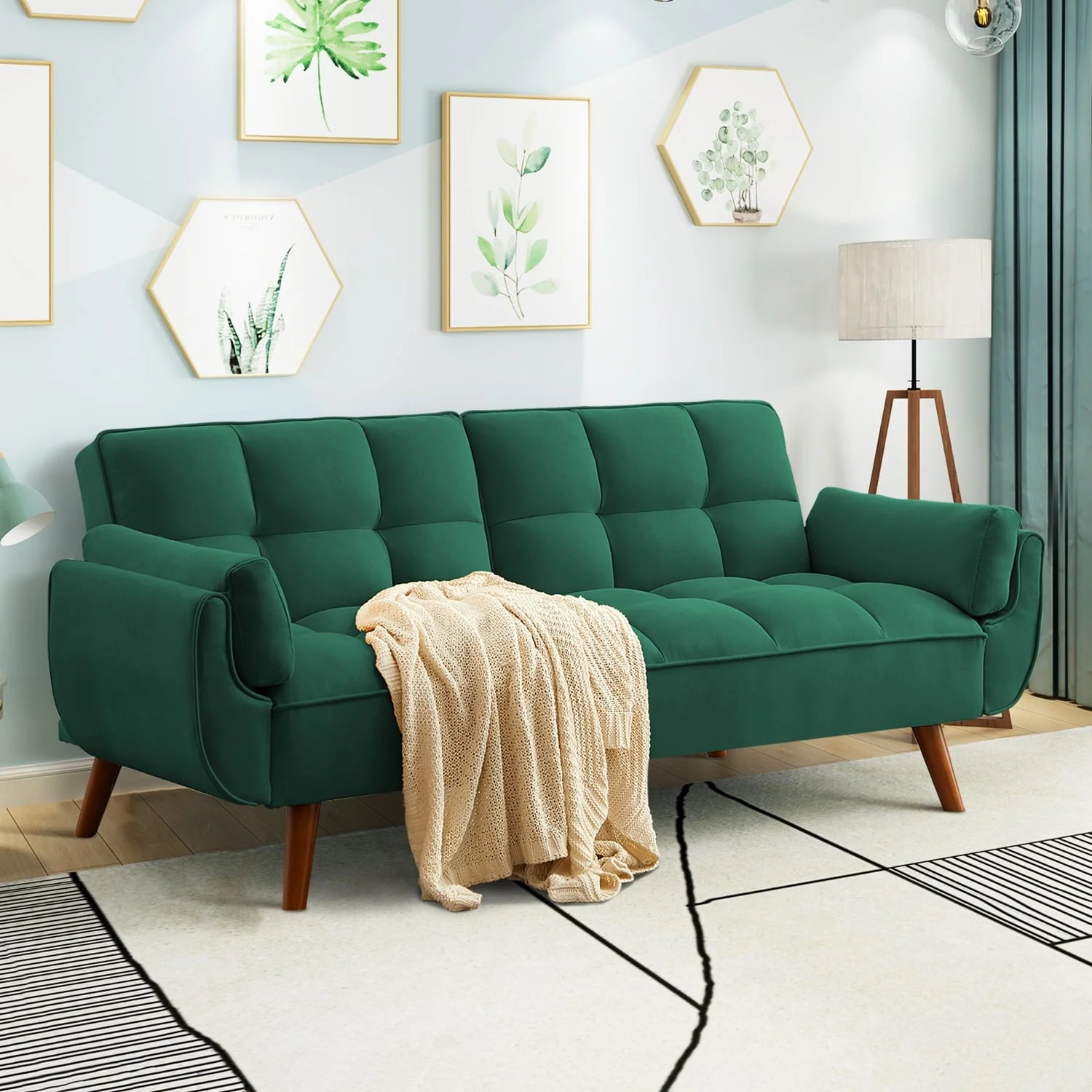 75.39 Futon Sofa Bed, Convertible Folding Futon Couch Recliner Lounge For Living Room With 2 Pillow/Armrest