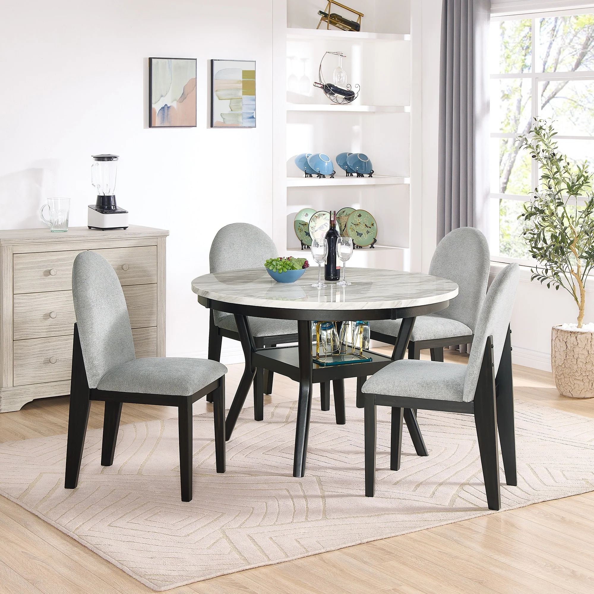 Modern 5-Piece Wooden Dining Table Set with Faux Marble Top & 4 Chairs