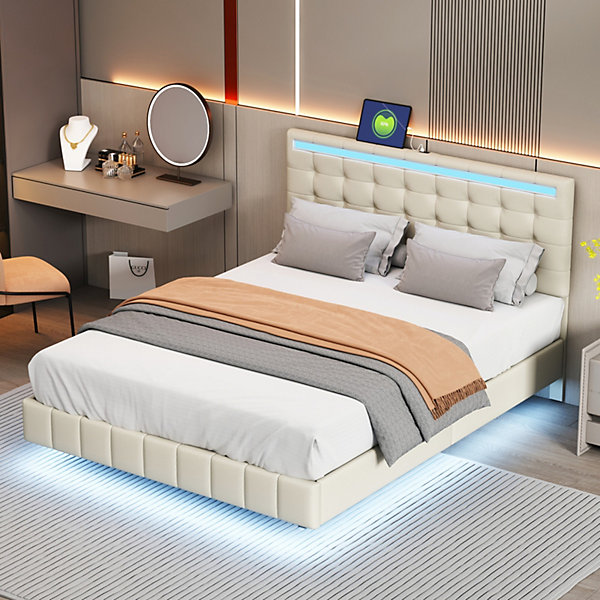 Lit 140 X 200 Cm Avec éclairage LED Et Tête De Lit Réglable, Sommier à Lattes,Tissu En Lin, Beige