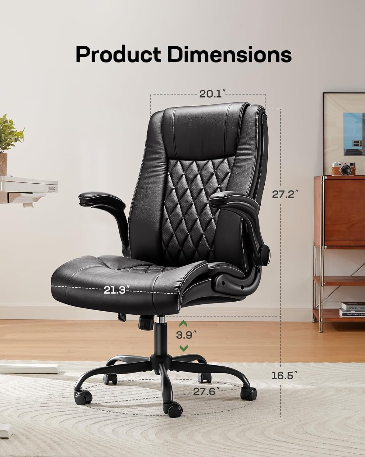Marsail Executive Office Chair with Flip-up Armrests,PU Leather Ergonomic Desk Chair Height-Adjustable Swivel Rolling Desk Chair (Dark)
