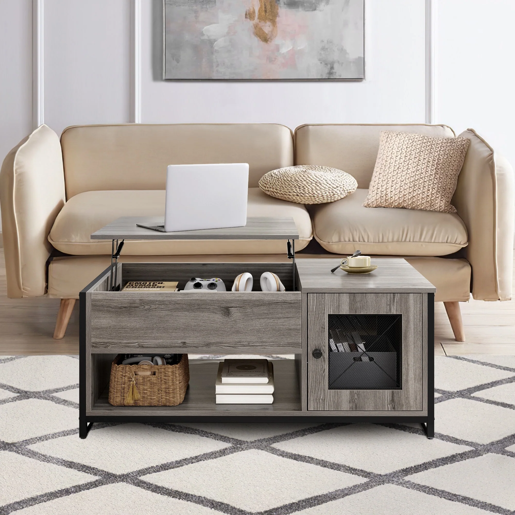 Lift Top Coffee Table with Hidden Compartment Storage Rustic Grey