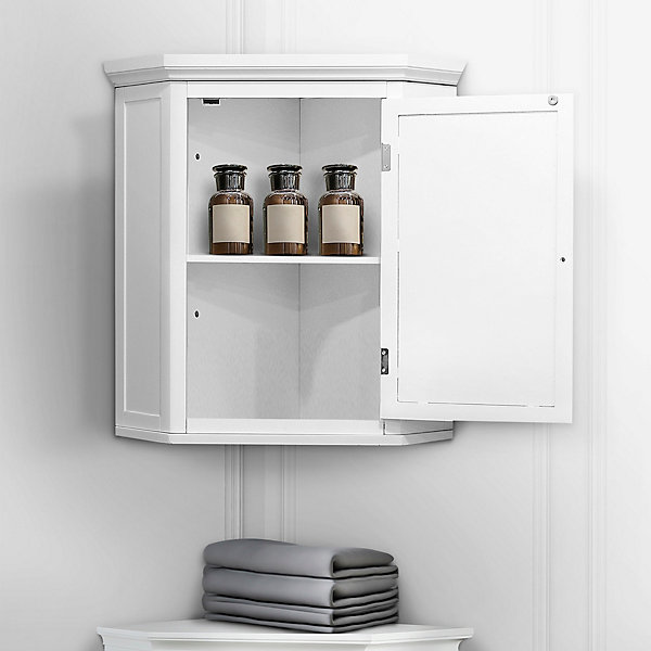 Armoire d'angle murale effet bois blanc avec porte façon persienne