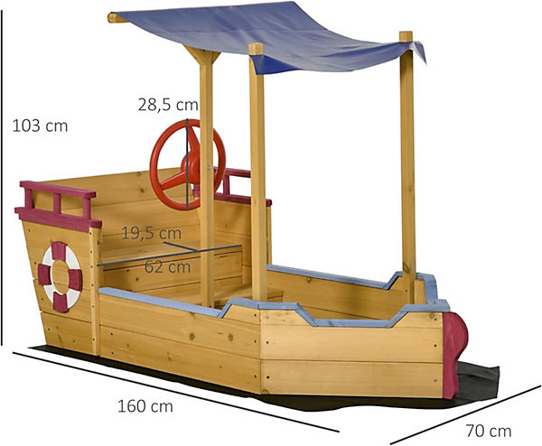 Bac à Sable Bateau de Pirate en Bois avec Voile d'Ombre et Coffre de Rangement - Bois de Sapin Pré-huilé