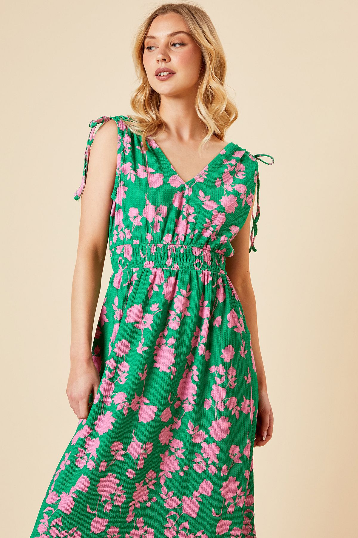 Dorothy Perkins Green Floral Tie Shoulder Shirred Waist Jersey Midi Dress