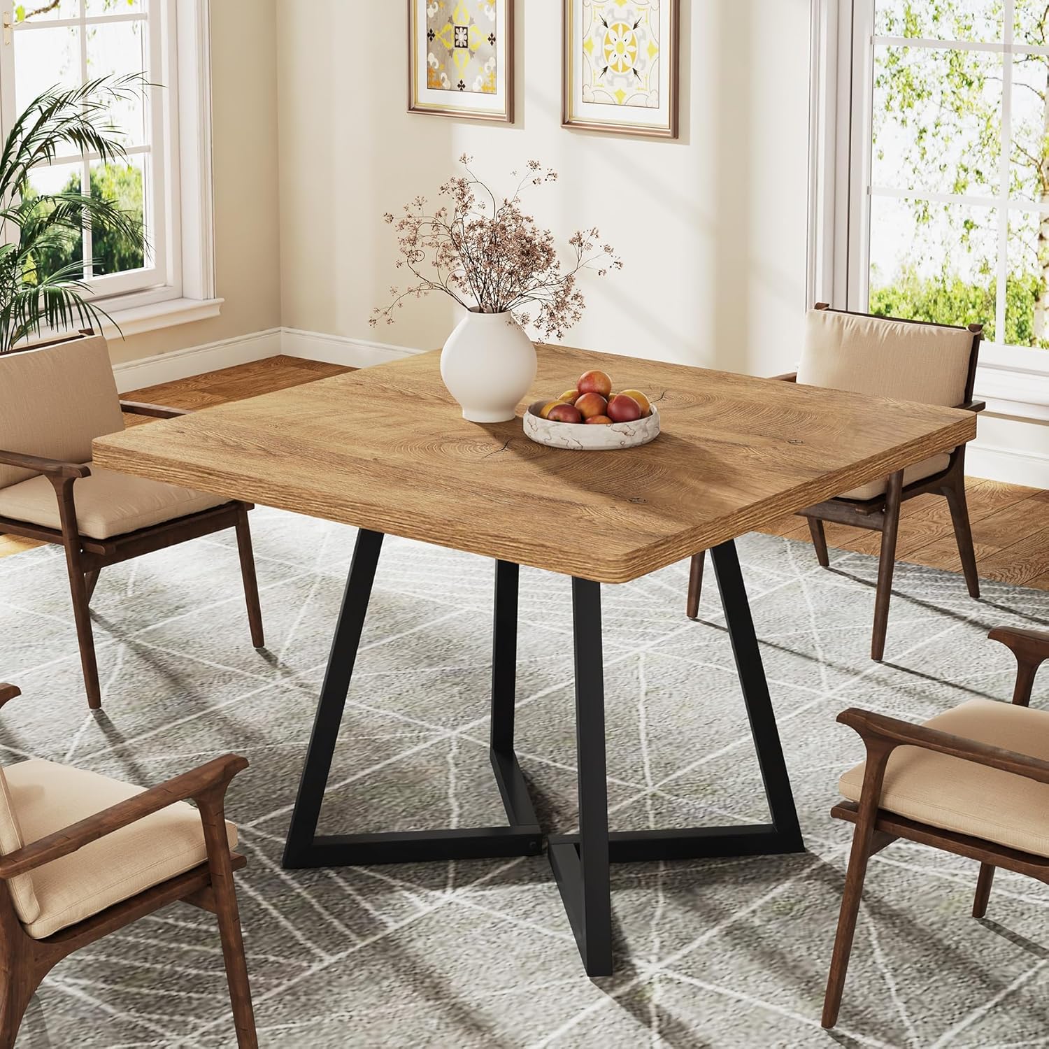 Tribesigns Square Dining Table for 2, 31.5 Modern Dinner Table with Metal Base, Kitchen Table for Dining Room, Small Space, Apartment,Natural & Black