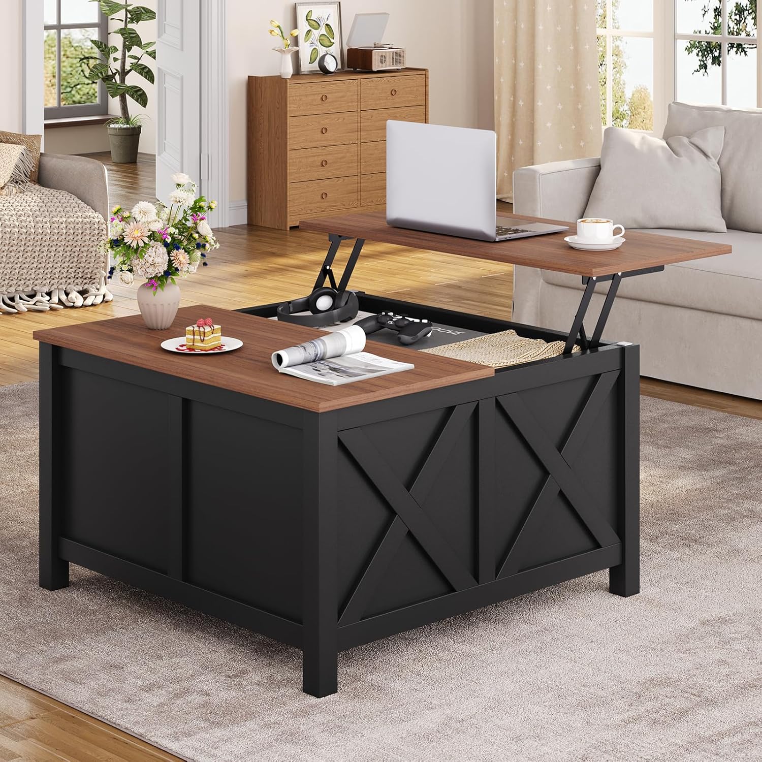 Lift Top Coffee Table with Storage, 31.5 Farmhouse Coffee Tables with Wooden Lift Tabletop and Hidden Compartment Square Center Table for Living Room, Small Space Home Office, Black