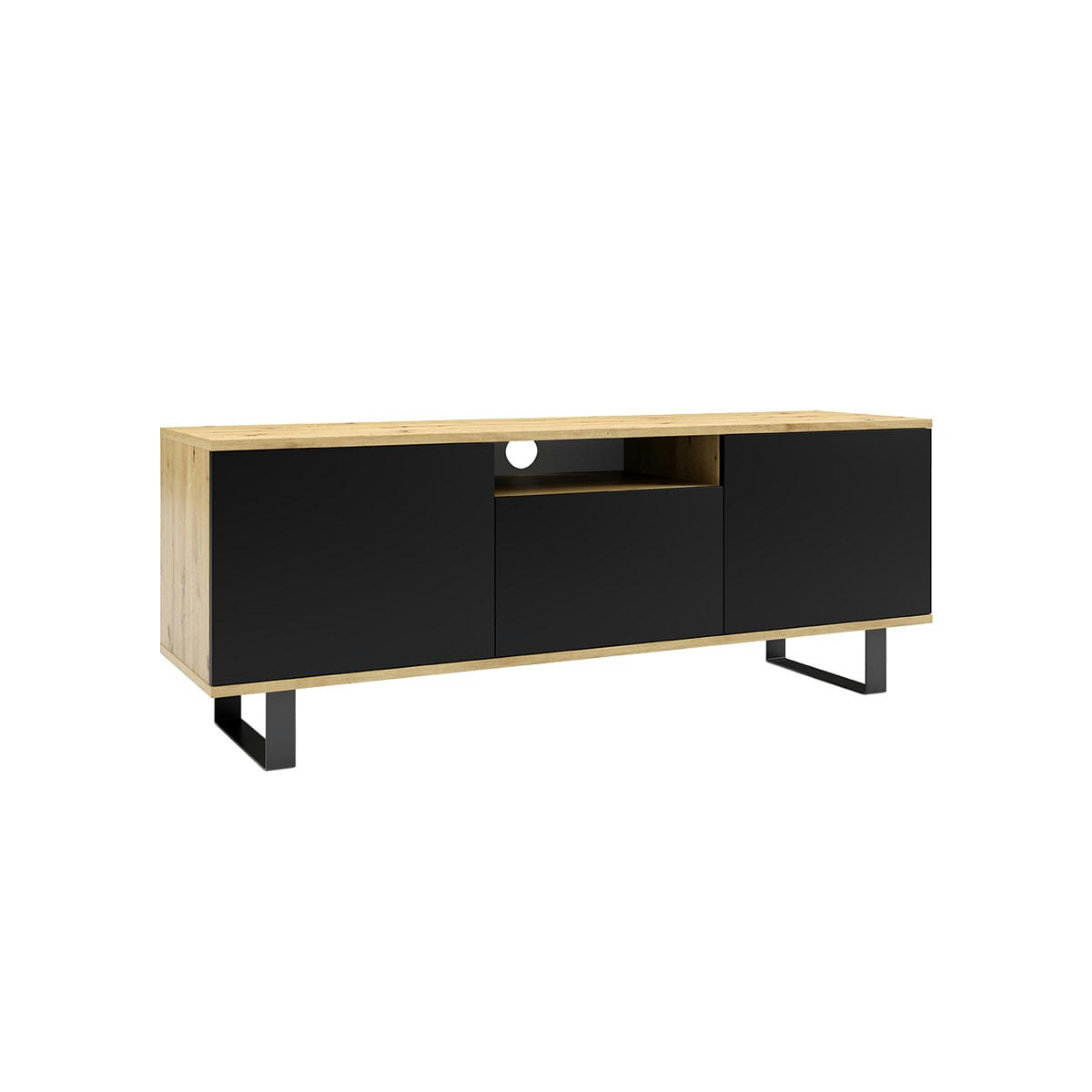 - Meuble TV 3 portes 150 cm stratifiés, métal naturel et noir