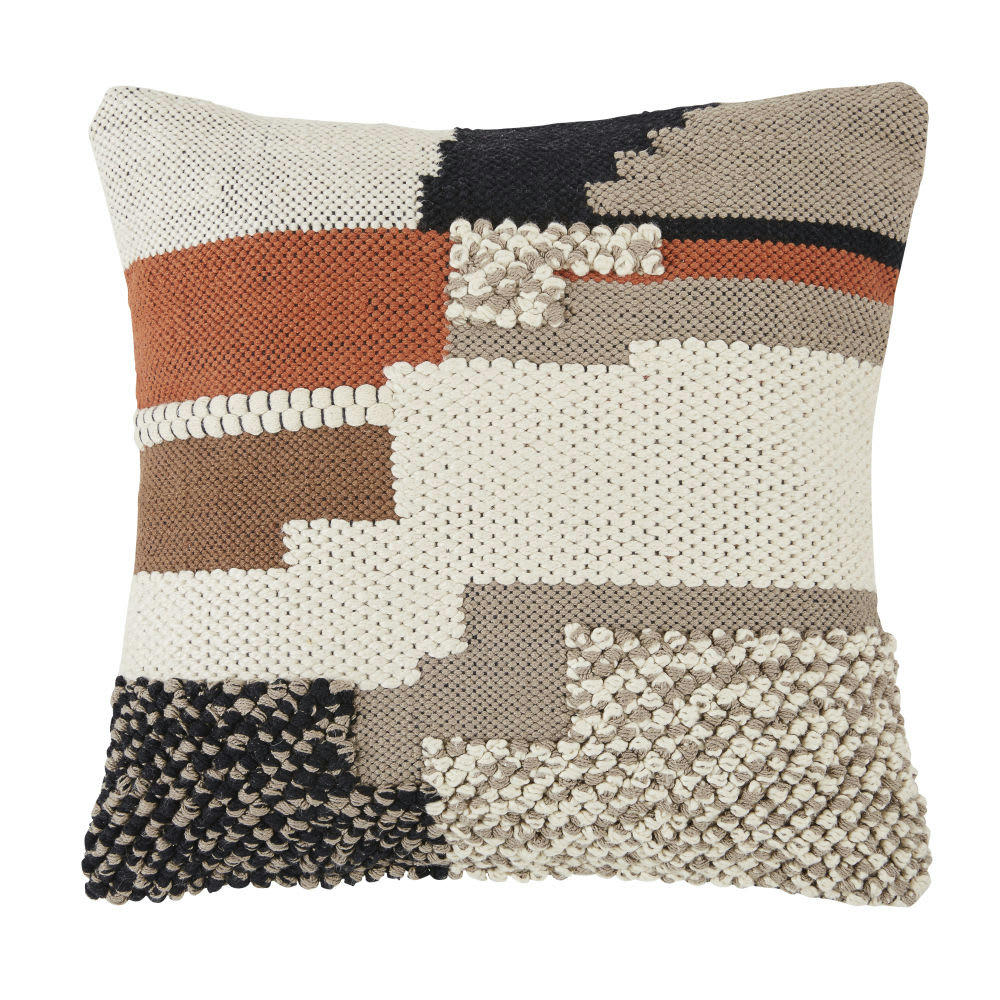 KIMIA - Coussin en coton tissé et brodé terracotta, écru et noir 45x45