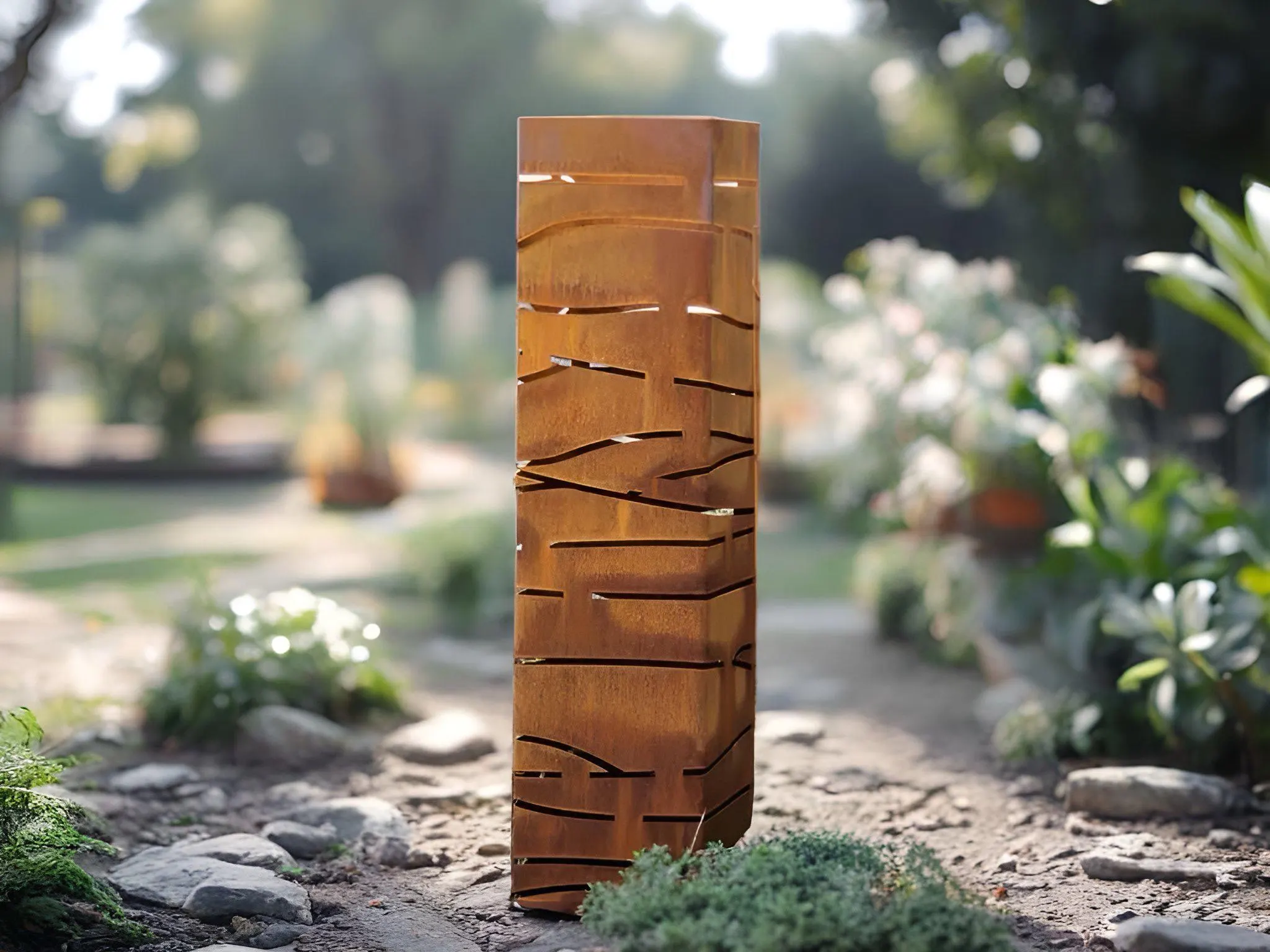 Modern Steel Garden Bollard with Horizontal Cut-Outs | Outdoor Lighting Column, Landscape Light Box, Decorative Yard Feature | C402