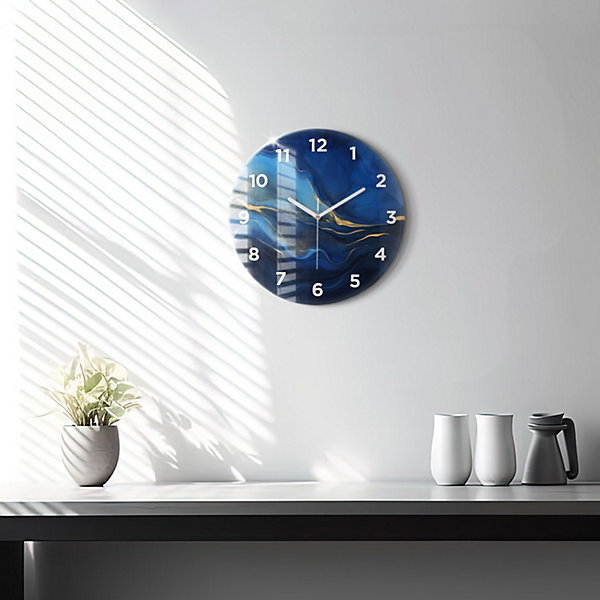 Horloge murale Wallfluent fi30 cm Avec chiffres Aiguilles blanches Marbre bleu 1 pcs