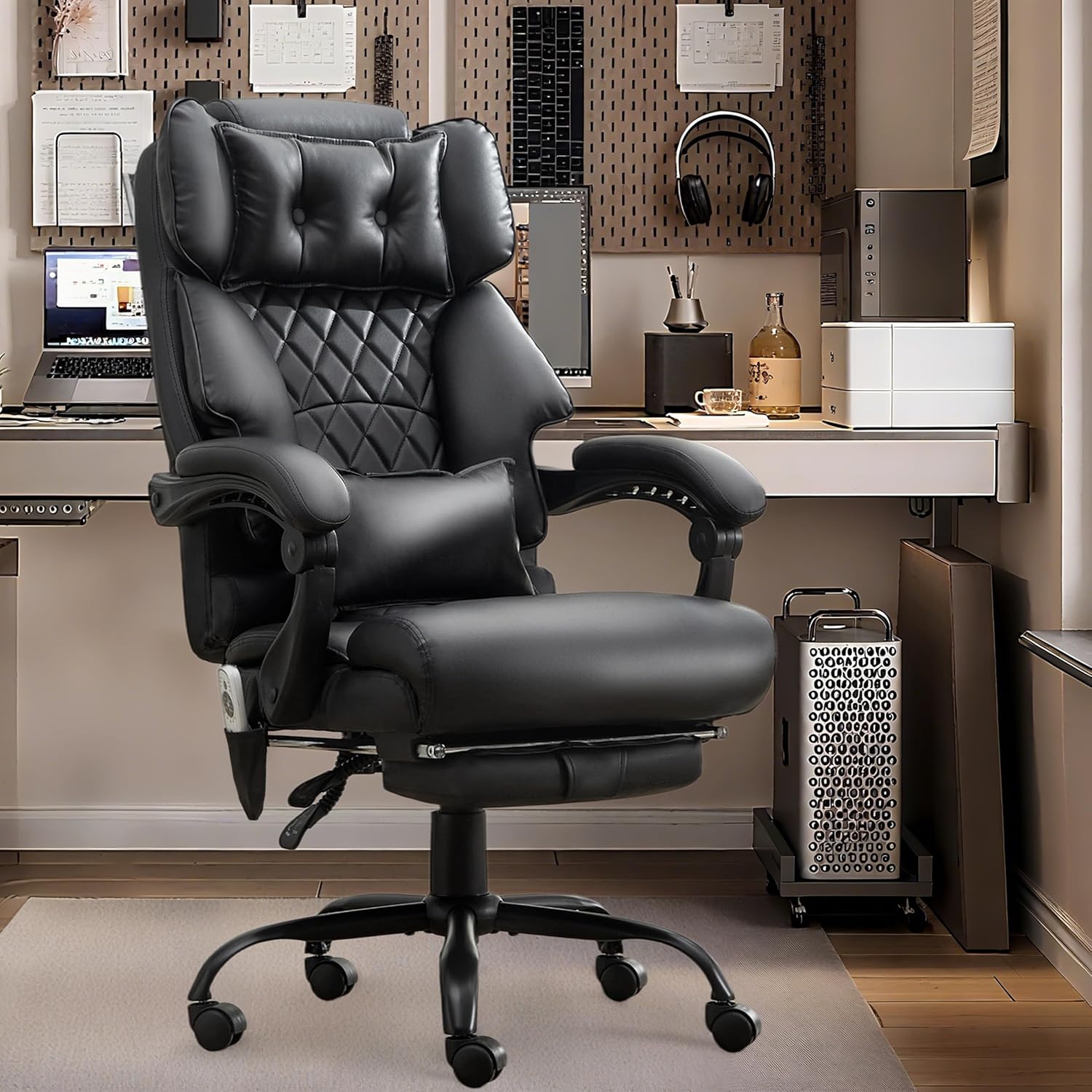 Massage Office Chair with Foot Rest,6 Points Vibration & Heat Executive Office Chairs for Heavy People,500LBS Big and Tall Office Chair,Ergonomic Reclining Desk Chair,Dual-Use Pillow,Black
