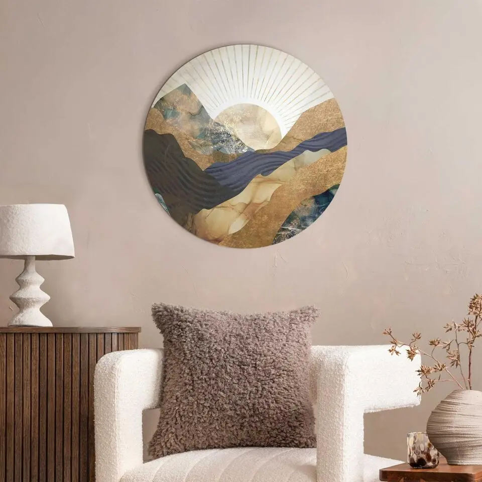 Glasschilderij Zon en bergen - &Oslash; 50 - Goudkleurig