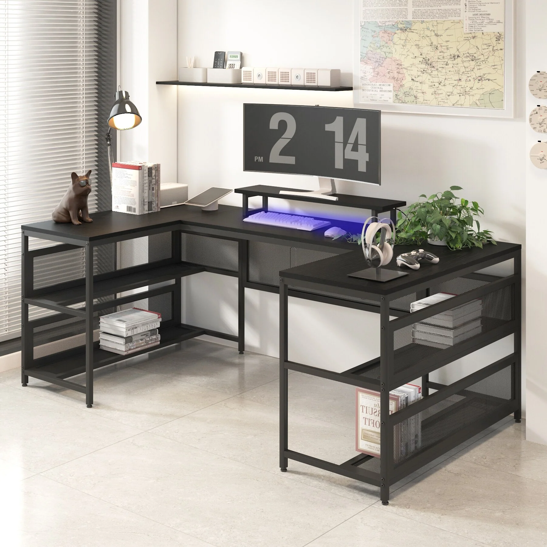 U-shaped Desk with Shelve and LED lights