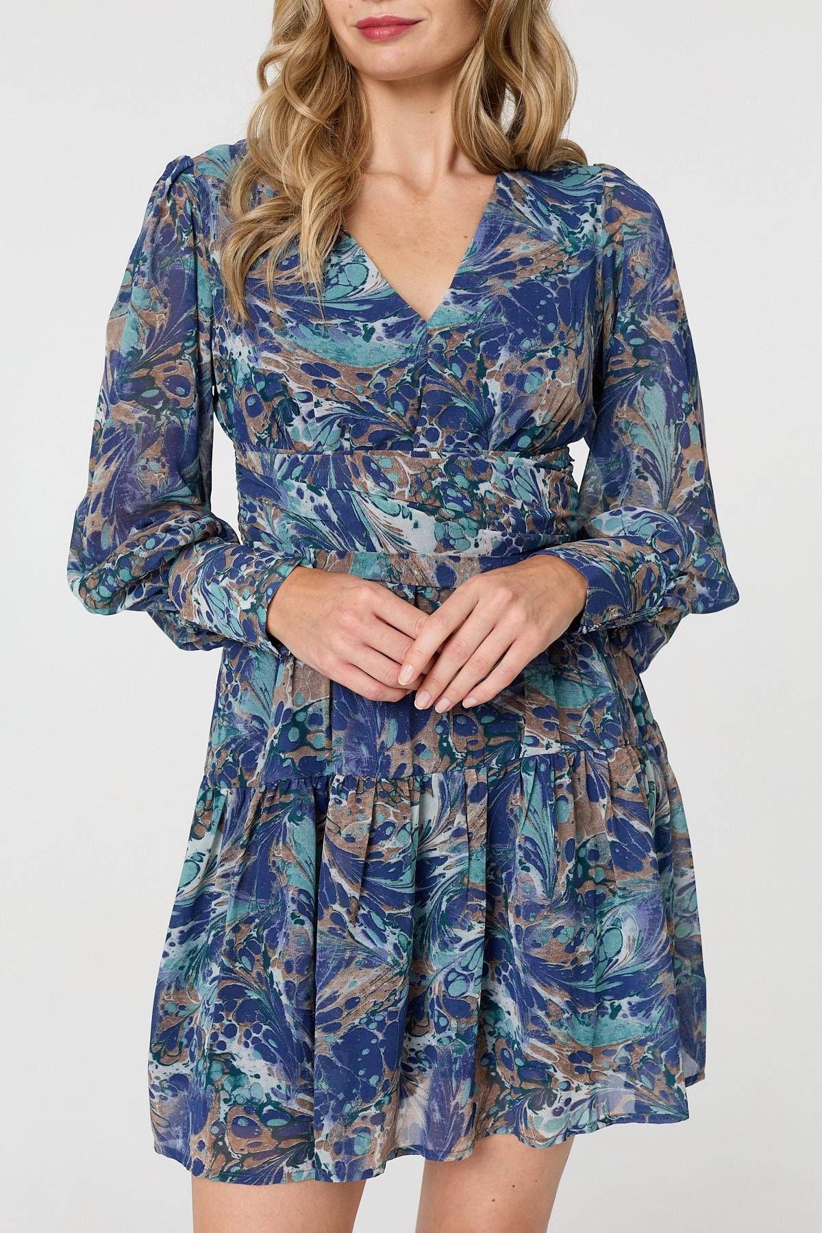 Izabel London Printed Long Sleeve Pleated Short Dress