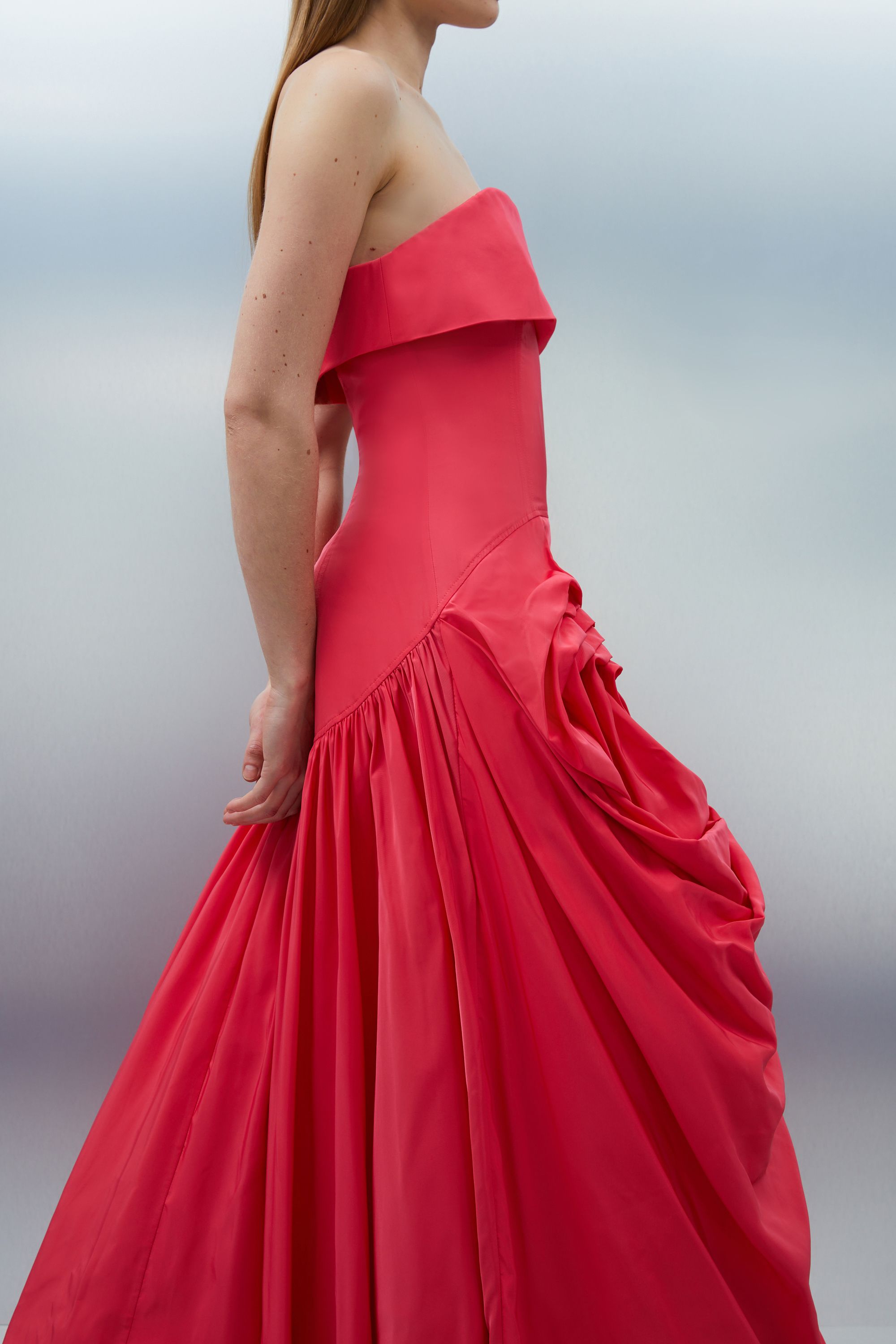 KarenMillen Taffeta Bandeau Tailored Rosette Pleat Maxi Dress