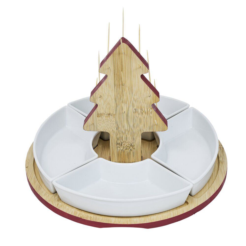 Set apéritif plateau bambou sapin No&euml;l et coupelle x4