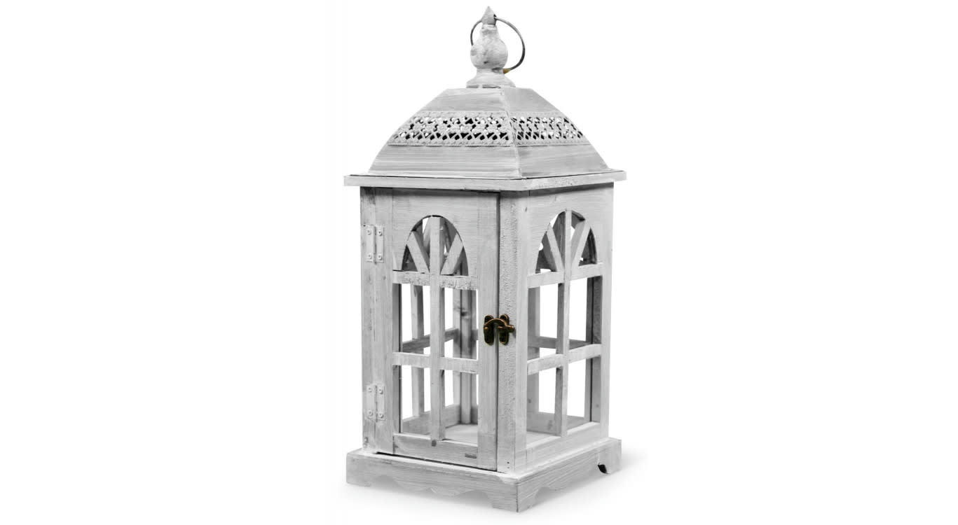 - Lanterne Bois Cerusé Blanc 20x20x46cm