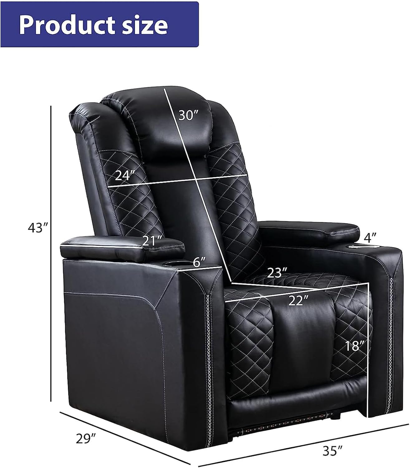 CANMOV Electric Power Recliner Chairs with USB Ports and Cup Holders, Breathable Faux Leather Home Theater Seating Recliner with Hidden Arm Storage, Ambient Lighting, Black
