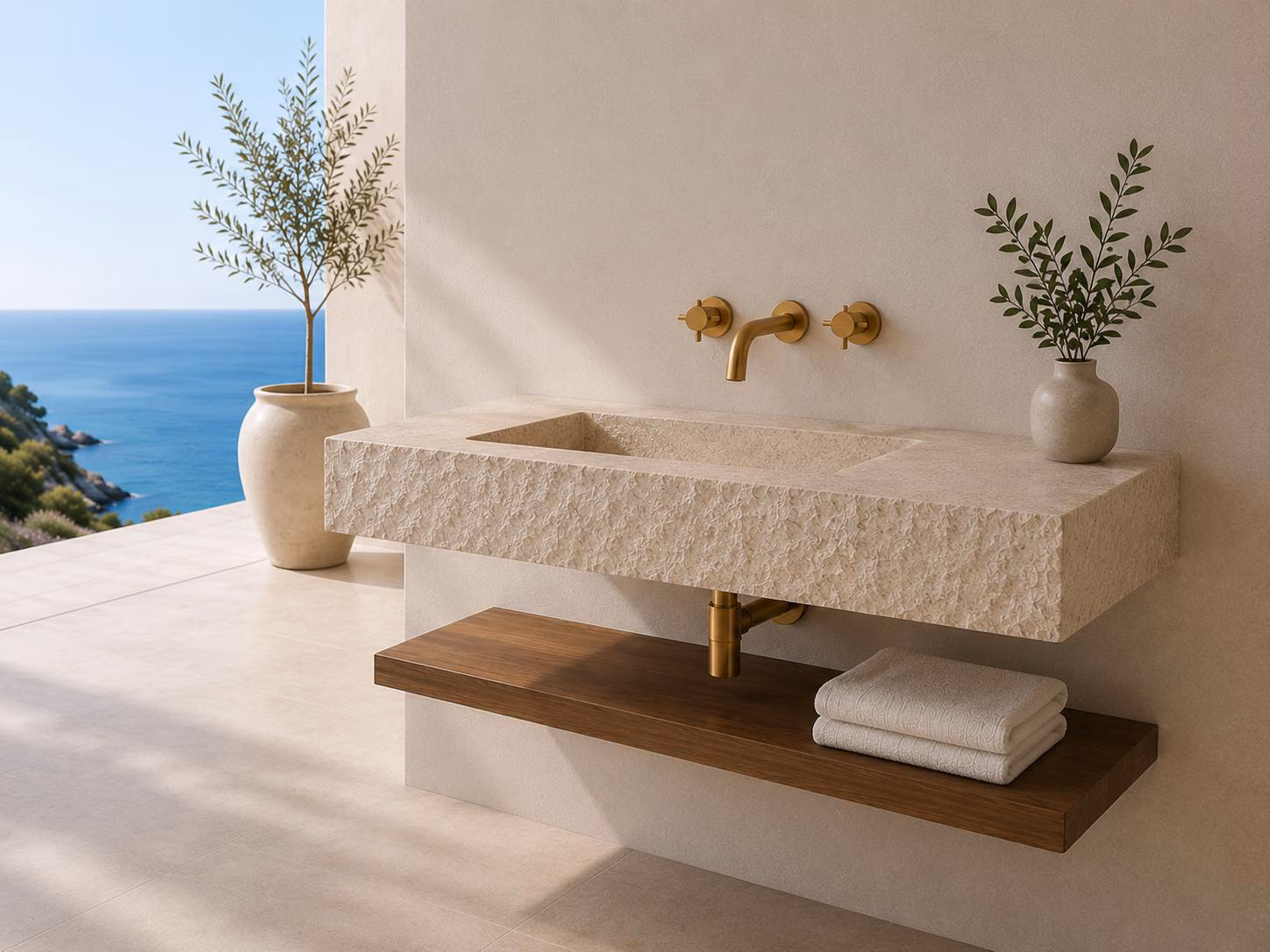 Travertine Floating Sink & Solid Cedar Shelf – Rustic Natural Marble Bathroom Vanity