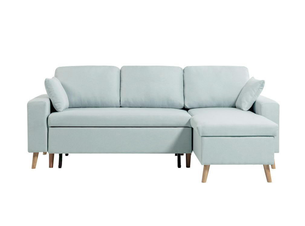 MARIA SCANDINAVE - Canapé d'angle scandinave convertible avec coffre en tissu bleu clair