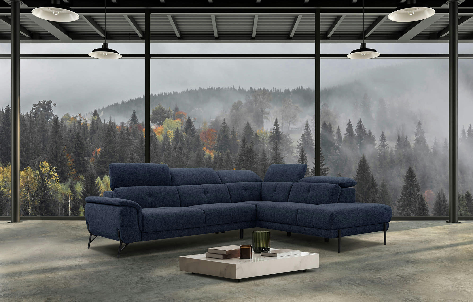 AVENA - Canapé d'angle droit  5 places en tissu bleu foncé